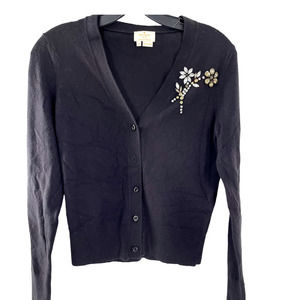 KATE SPADE BLACK WOOL BLEND EMBELLISHED GEMSTONE CARDIGAN